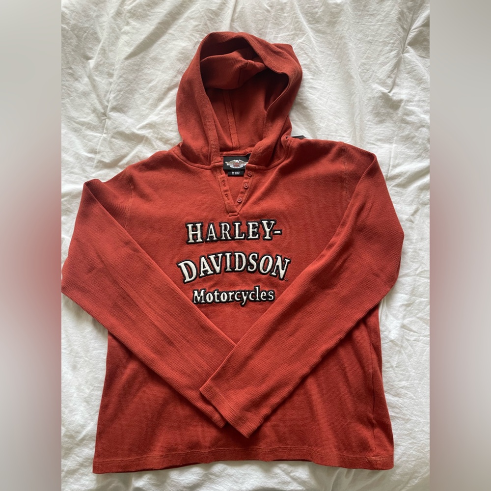 Vintage Harley Davidson Terracotta Waffle Knit Henley Hoodie